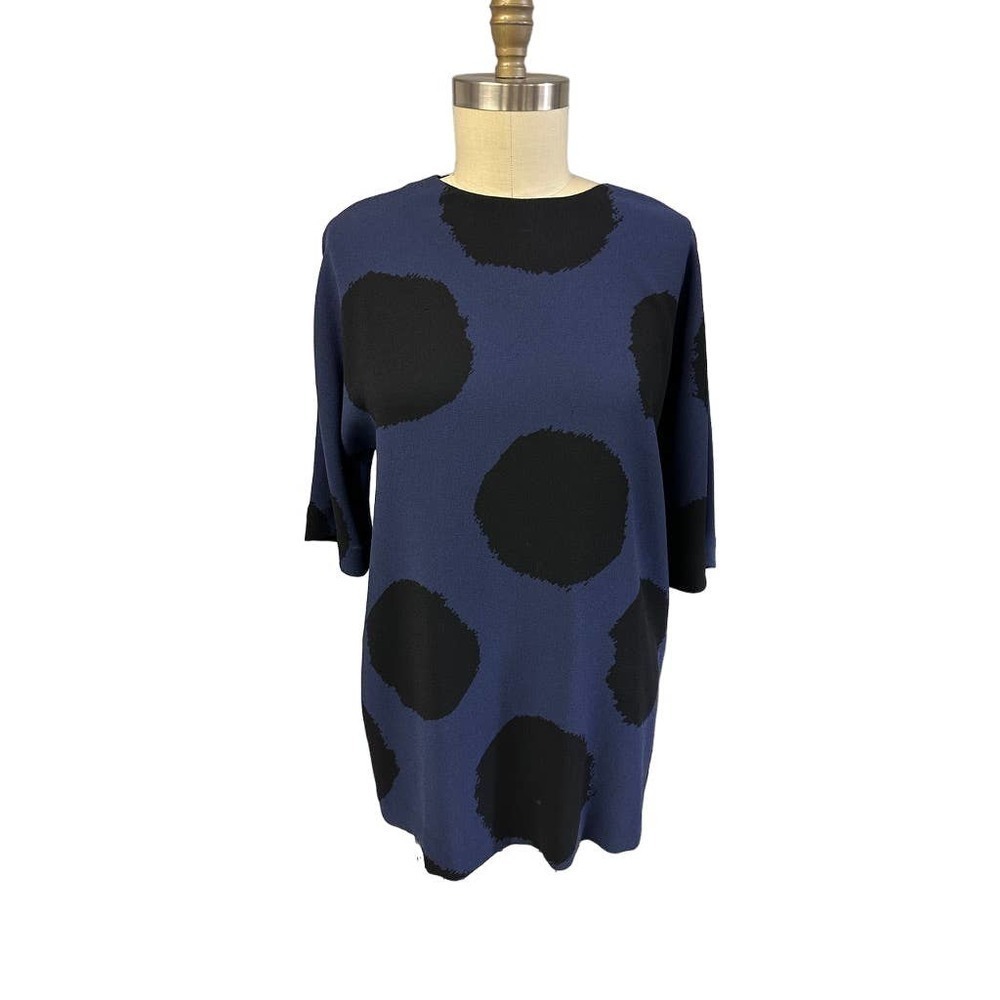 Marimekko Jada Blue Black Polka Dot Top Blouse Size 42 Medium Triacetate Zip